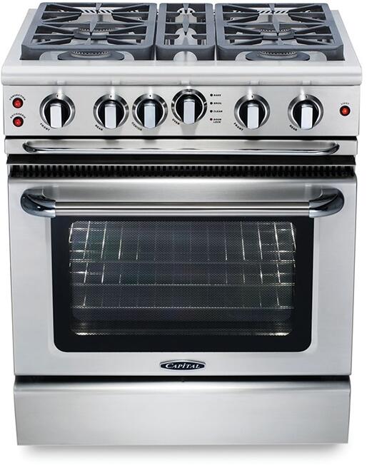 Stainless freestanding gas range with six knobs and large oven window