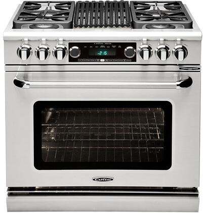 Stainless steel dual fuel range with six burners and oven door window