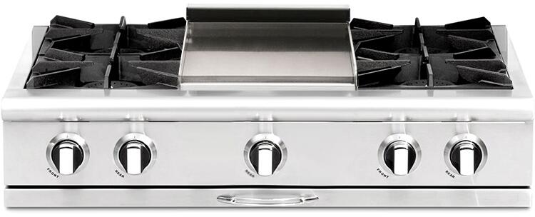 Stainless steel 4-burner built-in gas rangetop with control knobs and center burner