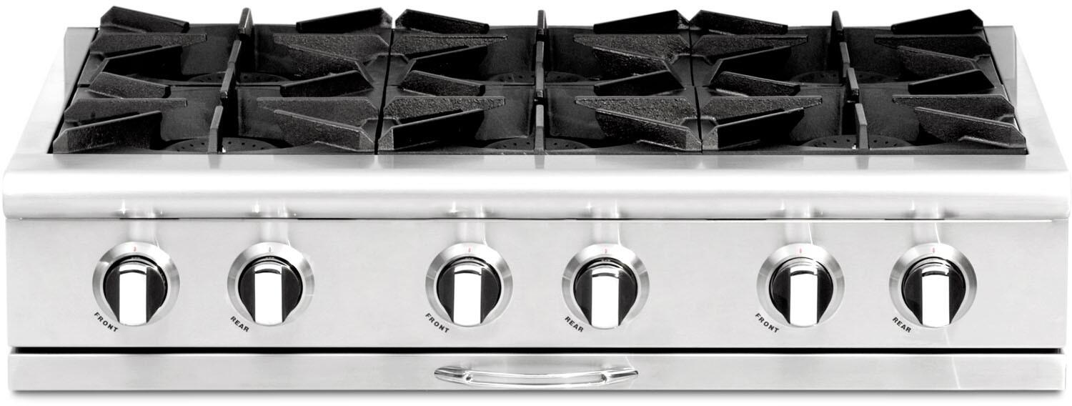 Stainless steel 36-inch rangetop with six open burners and control knobs