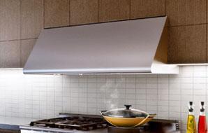 Stainless steel range hood canopy above stovetop with lighted interior