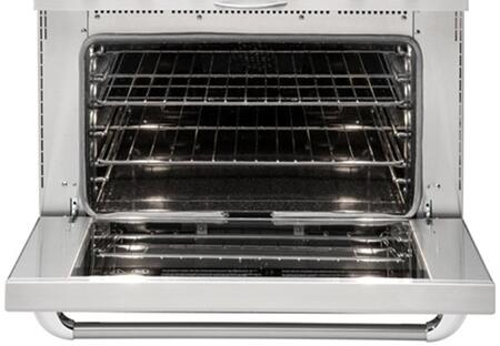 Stainless steel gas oven interior with two oven racks and open oven door