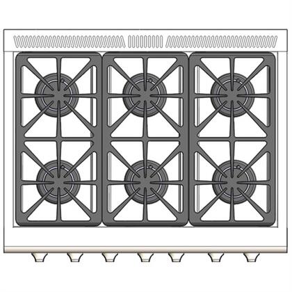 Stainless steel gas cooktop with six burners and black burner bases