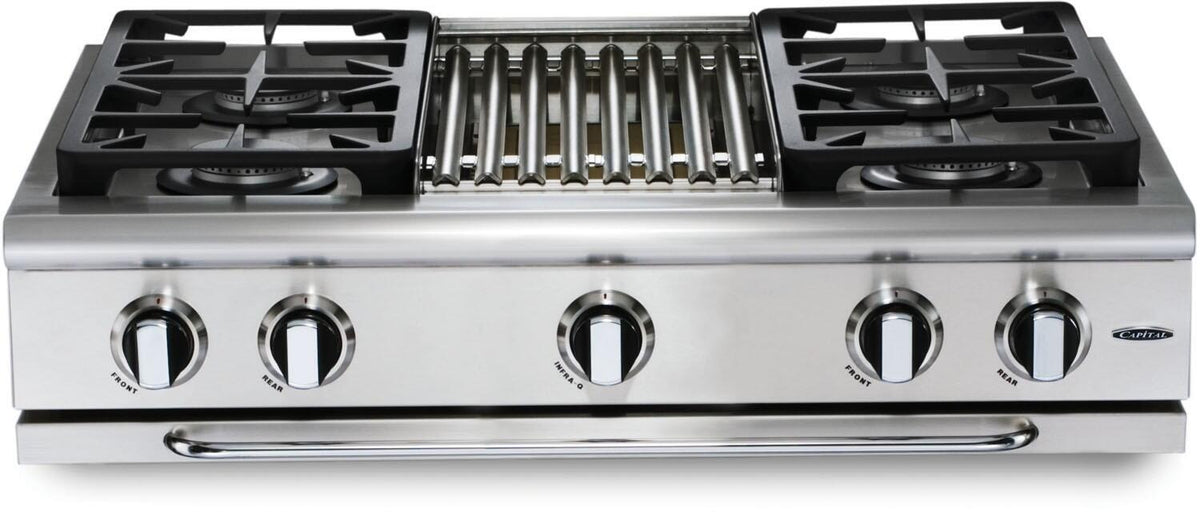 Stainless steel 6-burner gas rangetop with black grates and center accessory