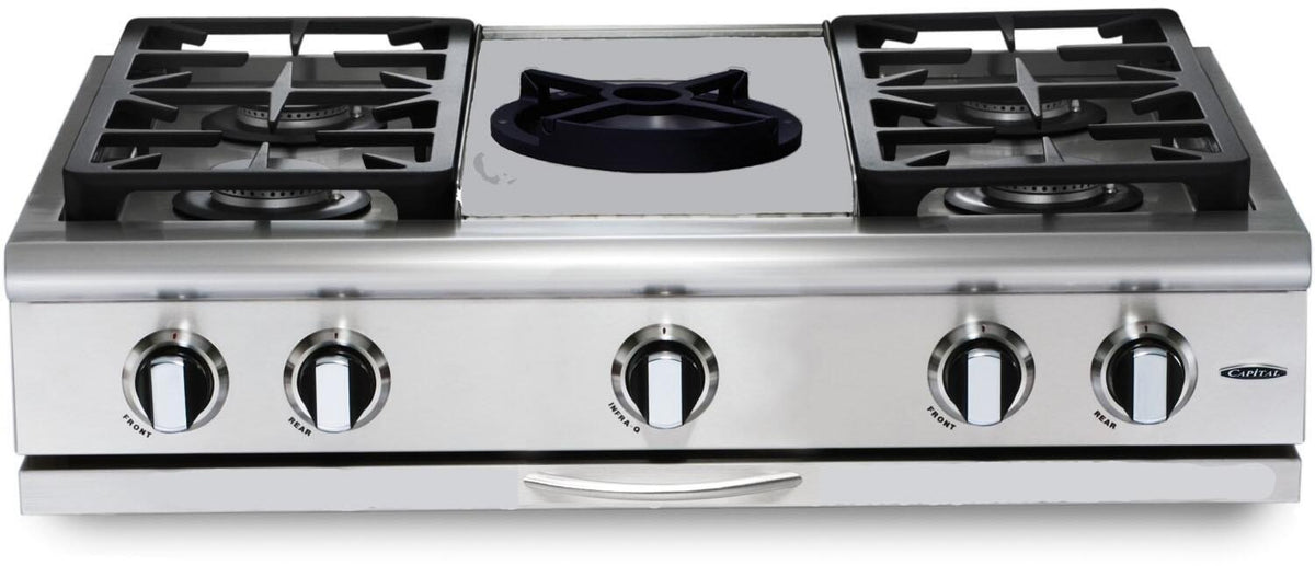 Stainless steel gas rangetop with four front burner grates and open center area