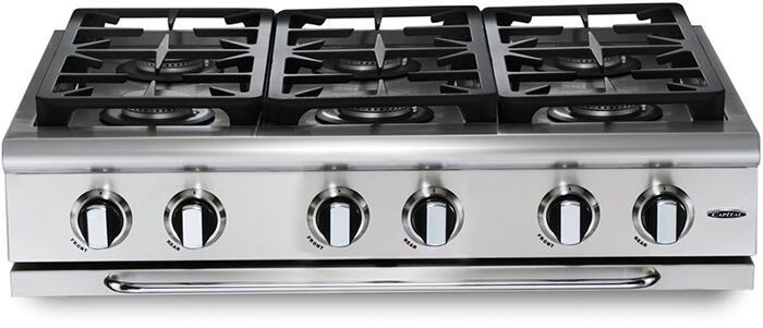 Stainless steel 6-burner gas rangetop with three burner grates and control knobs