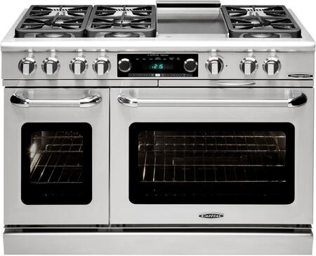 Stainless steel dual fuel range with dual ovens, control panel, and five gas burners
