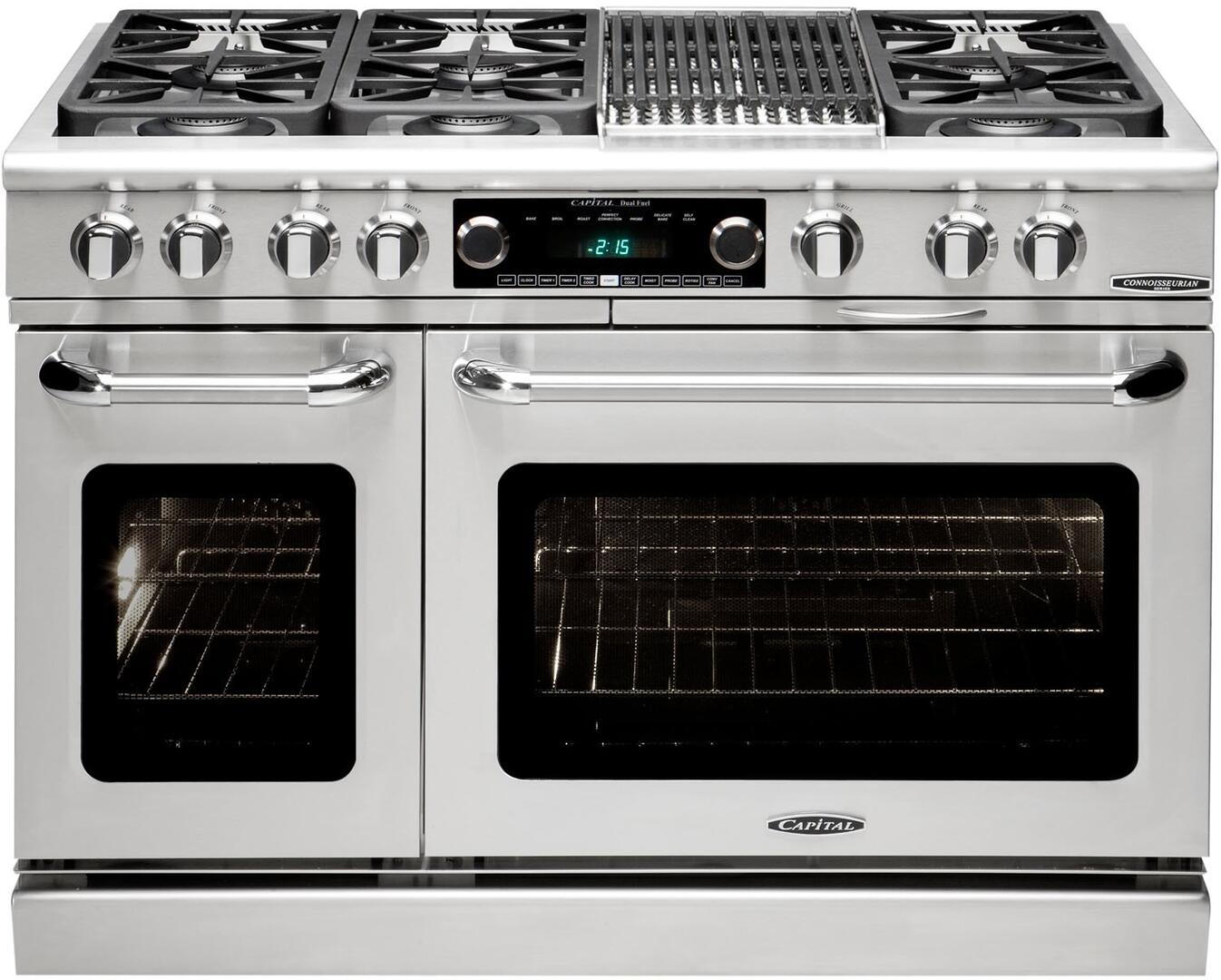 Stainless steel dual fuel range with four burners and double oven doors