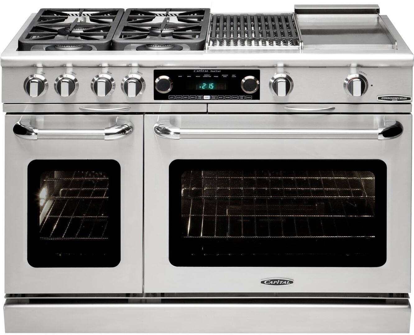 Stainless steel dual fuel range with double ovens and cooktop burners