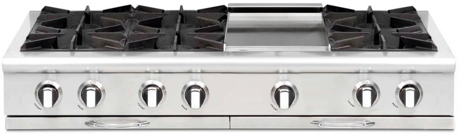 Stainless steel 6-burner gas rangetop with six front control knobs and burner grates