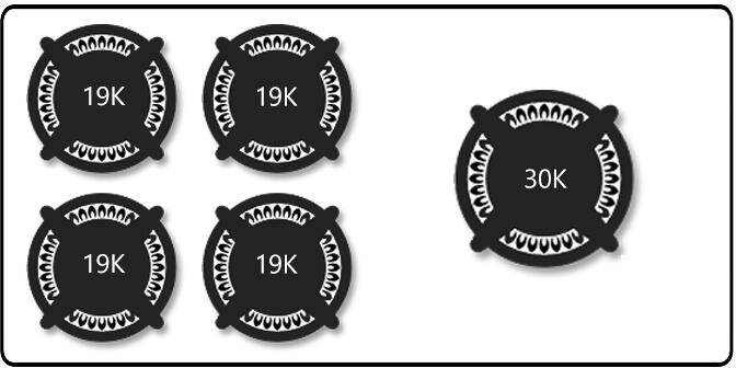 Freestanding gas range burner output icons: 19K and 30K
