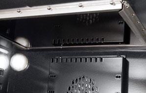 Freestanding gas range cooktop underside with control panel vents