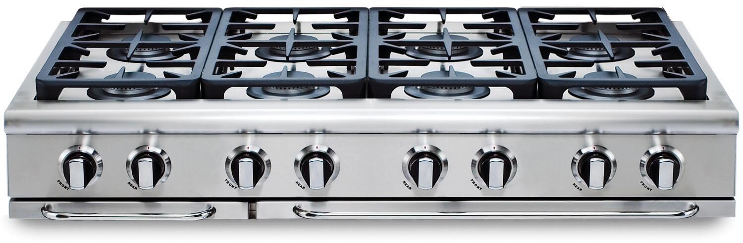 Stainless gas rangetop with eight burners and six front control knobs