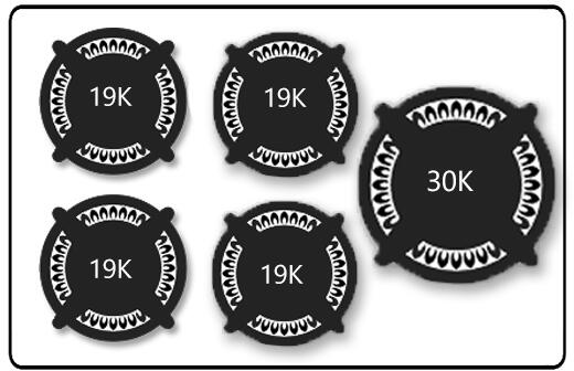 Gas rangetop burner output diagram: 19K burners and 30K griddle icon