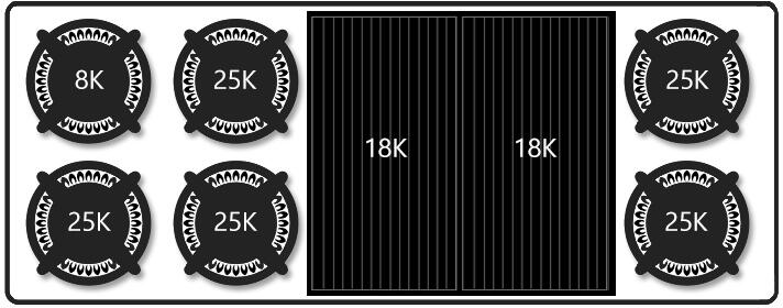 6-burner gas rangetop diagram with burner caps and central grate icons