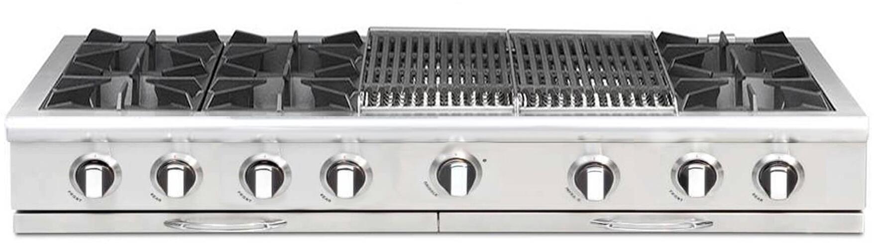 Stainless steel 6-burner gas rangetop front with control knobs