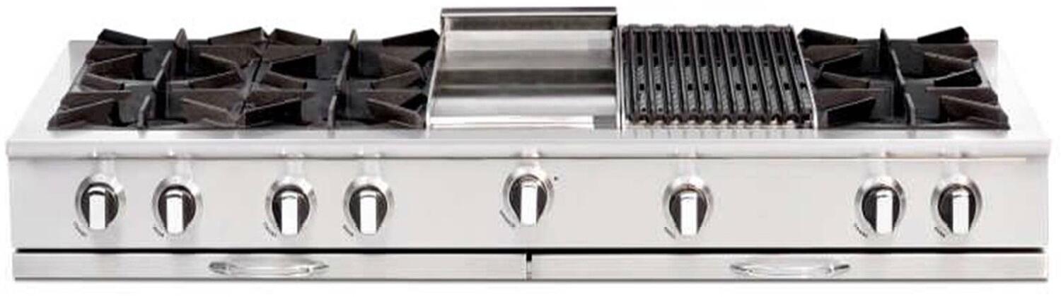 Stainless steel gas cooktop with six grates and front control knobs
