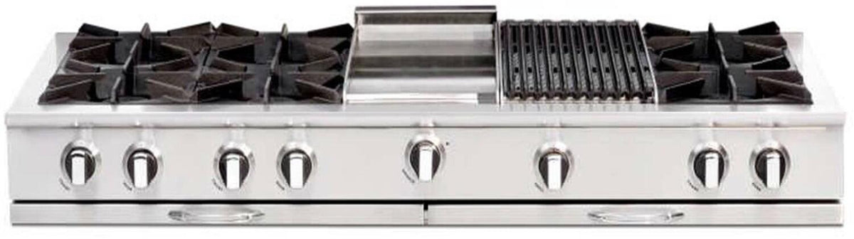Stainless steel 60 in gas rangetop with eight burners and center grill/griddle