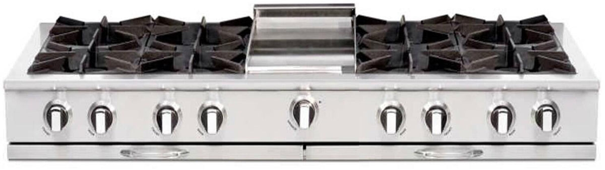 Stainless steel gas rangetop front with eight burner grates and center griddle