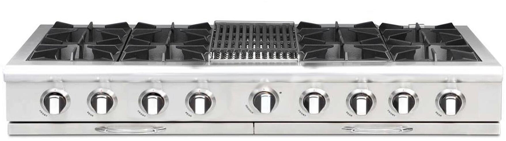 Stainless steel gas rangetop front view with eight burner grates and center griddle