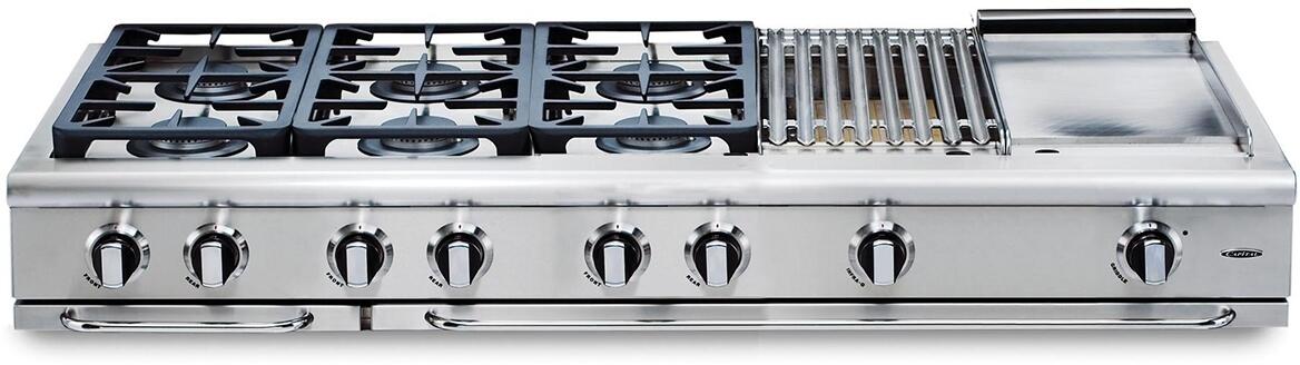 Stainless steel gas rangetop with 6 burner grates and front control knobs
