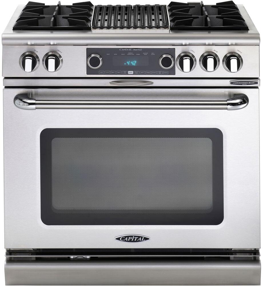 Stainless freestanding dual fuel range with control knobs and large oven window