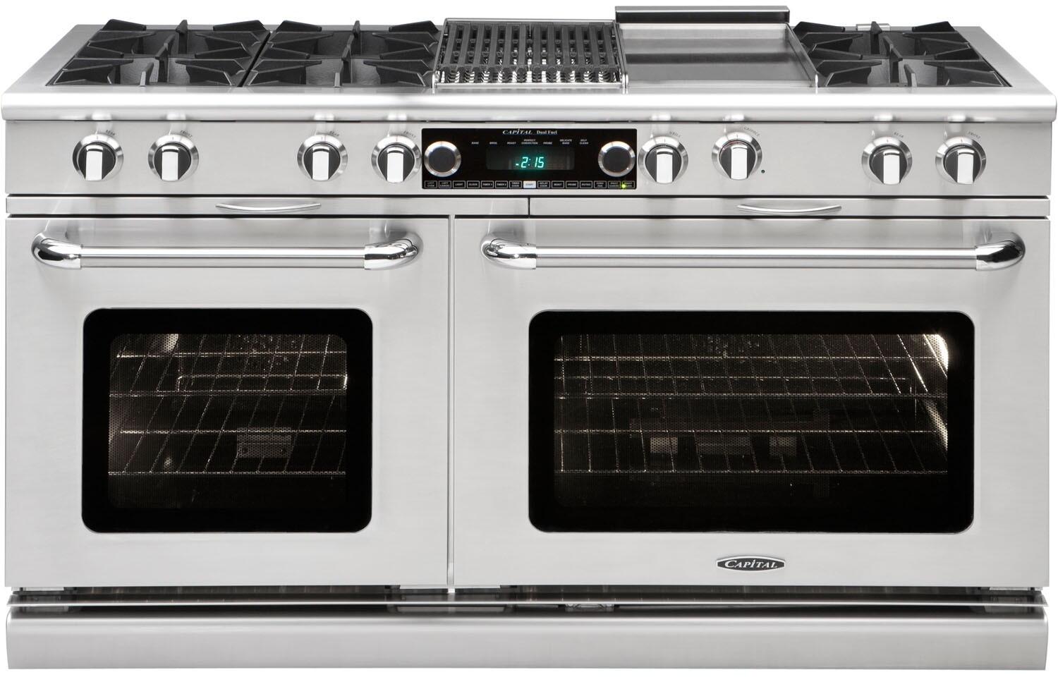Stainless steel freestanding dual-fuel range with four burners and double electric ovens
