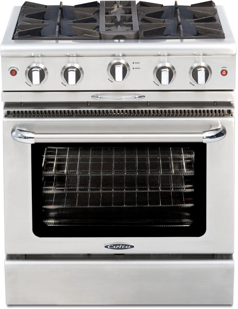 Stainless steel freestanding gas range with control knobs and oven door