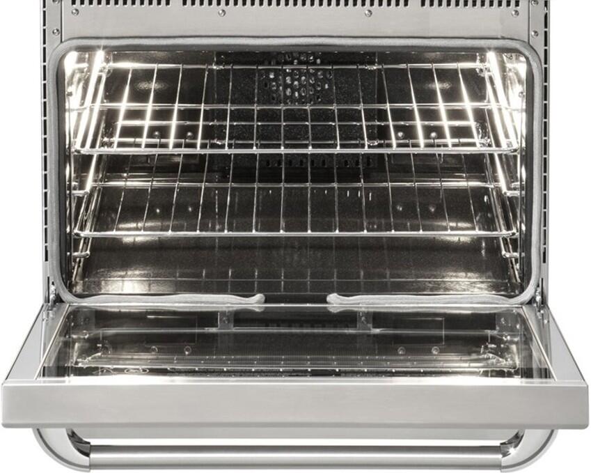 Open stainless oven with racks and black enamel interior