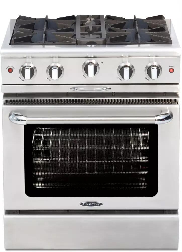 Stainless steel gas range with four burners and open black oven interior
