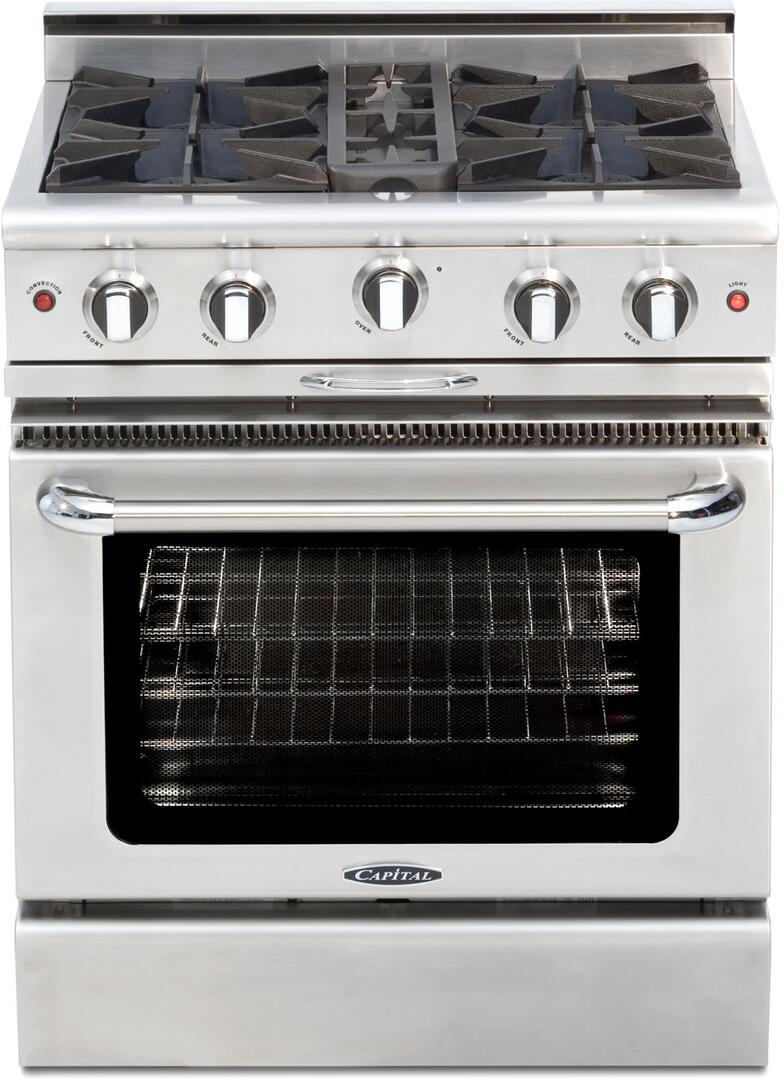Stainless freestanding gas range with four burners and oven door