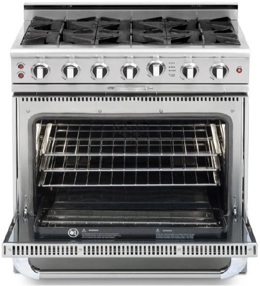 Stainless steel freestanding gas range with oven door open and racks inside