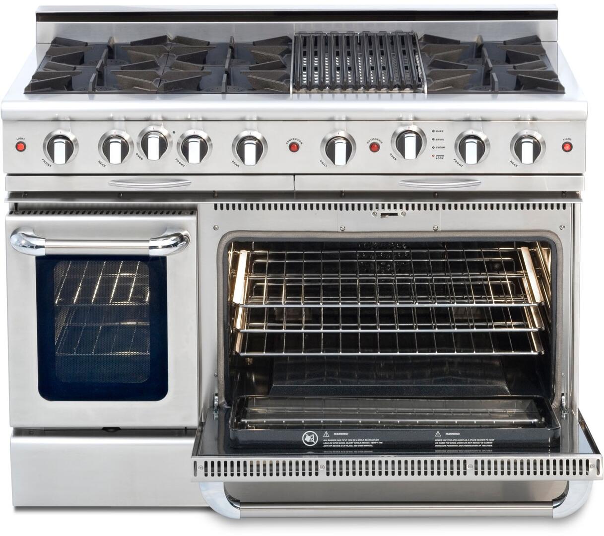 Stainless steel freestanding all-gas range with double ovens and front controls