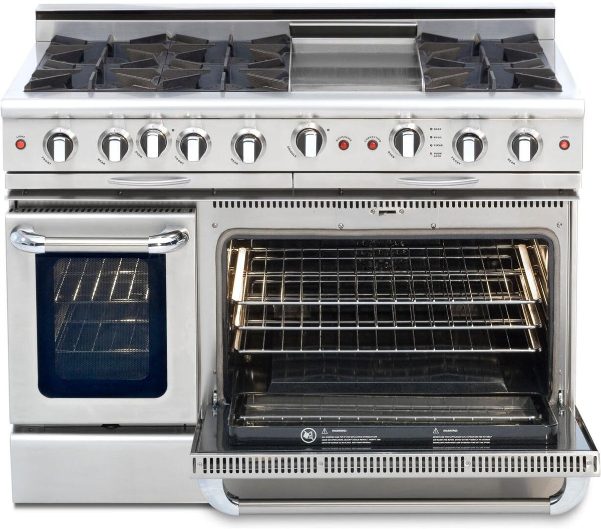 Stainless gas range with open oven door showing an oven rack and burner controls