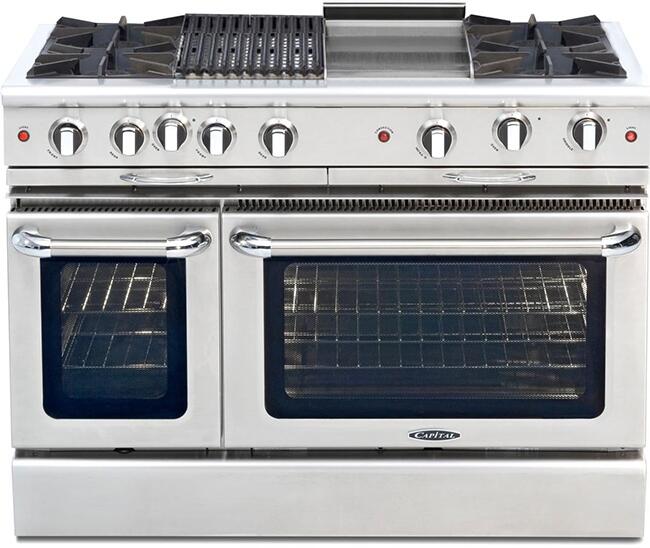 Stainless steel freestanding gas range with double ovens, multiple burners, and control knobs