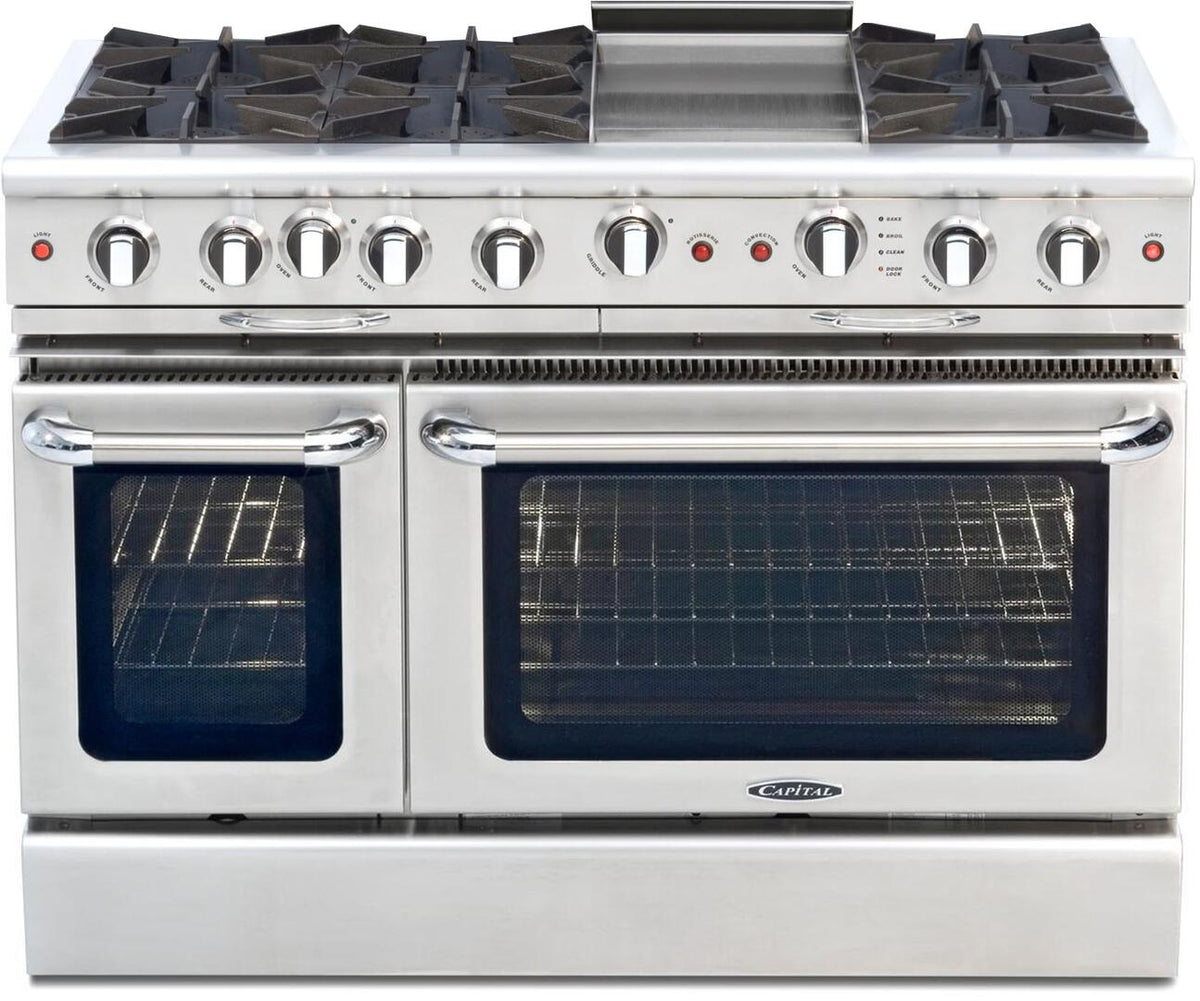 Stainless dual-oven gas range with both oven doors closed and cooktop burners