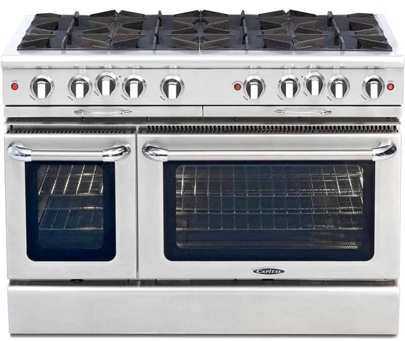 Front view of stainless steel freestanding gas range with double ovens and multiple burners