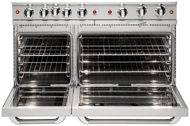Double ovens with both doors open and wire racks inside a stainless gas range