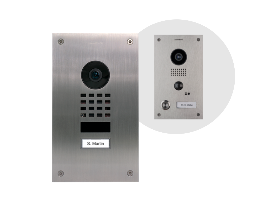 Stainless steel IP video door station with camera lens, speaker grille, and keypad