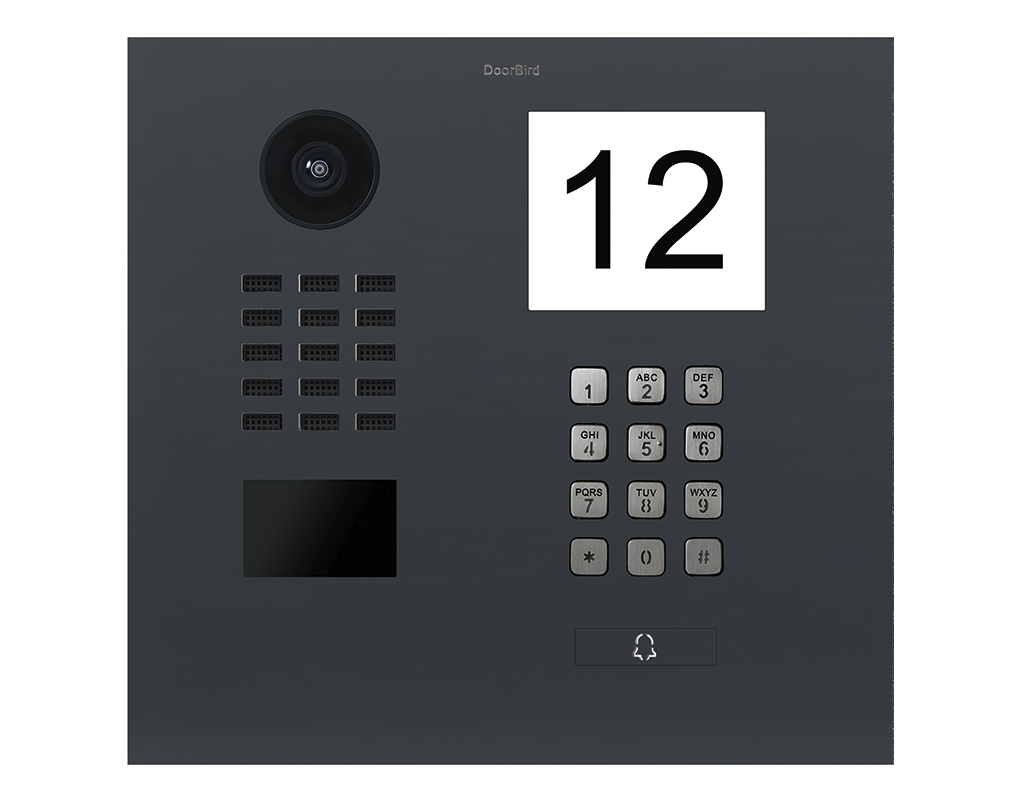 Video door station front in dark grey with camera lens, keypad, and display '12'.