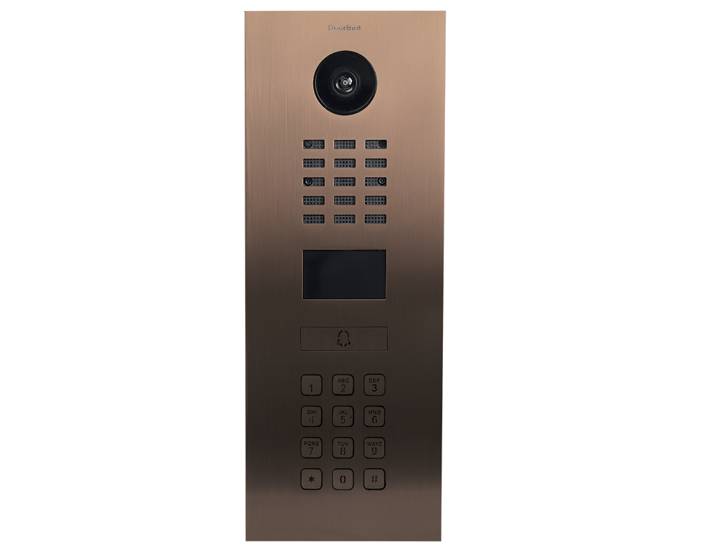 DoorBird bronze IP video intercom faceplate with camera, speaker, keypad, and call button