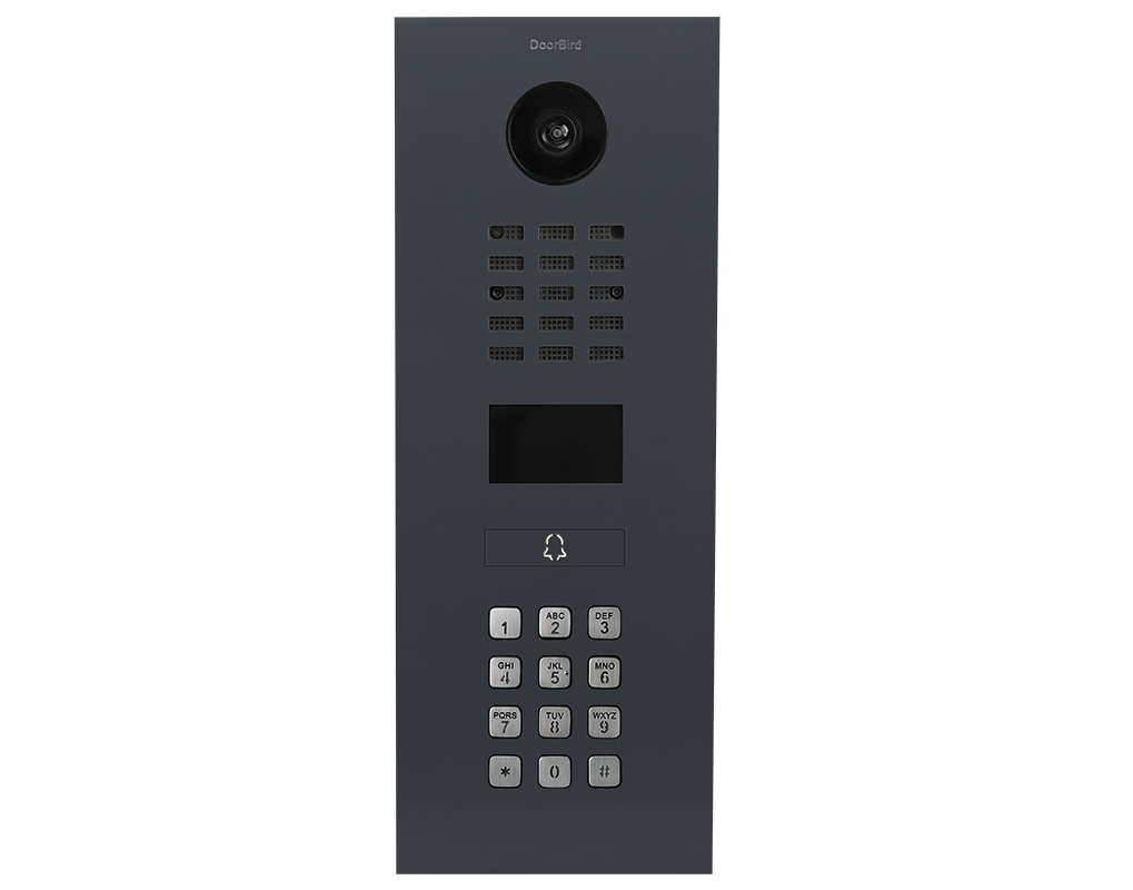 DoorBird anthracite grey IP video intercom front panel with camera, speaker, and keypad