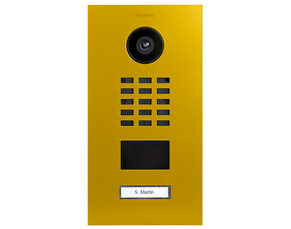 DoorBird IP video door station front panel in signal yellow, camera and keypad