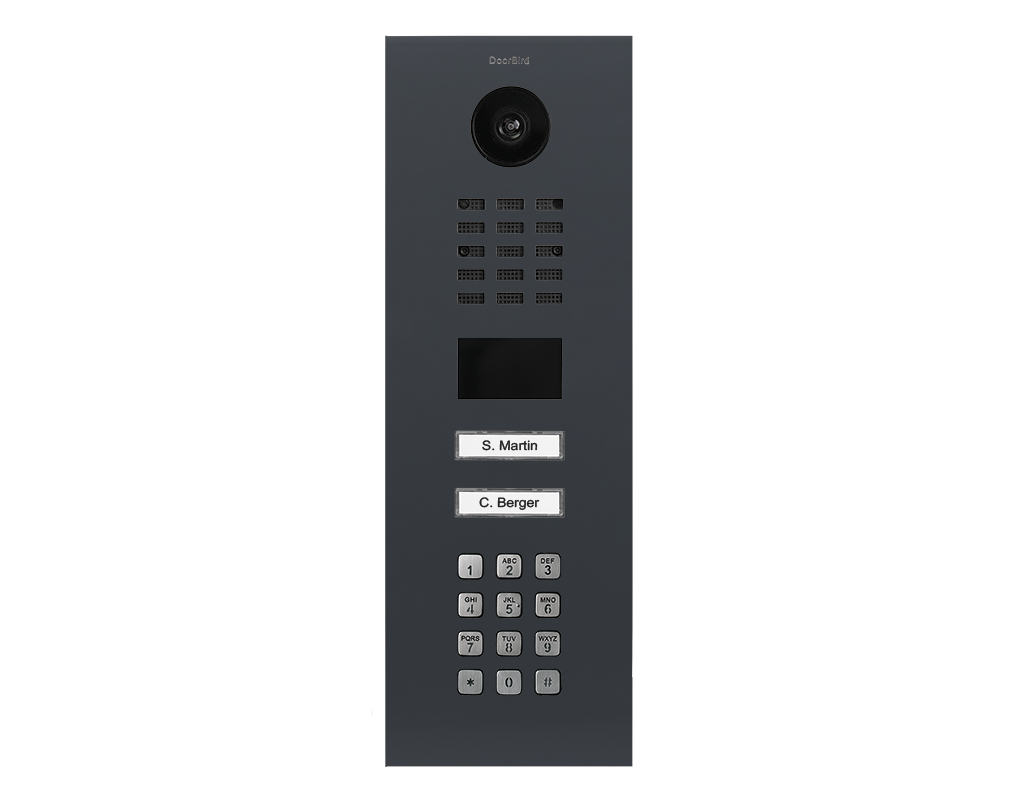 DoorBird IP video door station front with keypad, camera lens, and call name labels