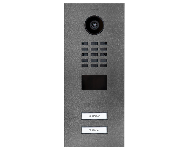 DoorBird stainless steel IP video door station front with camera and keypad, two call buttons