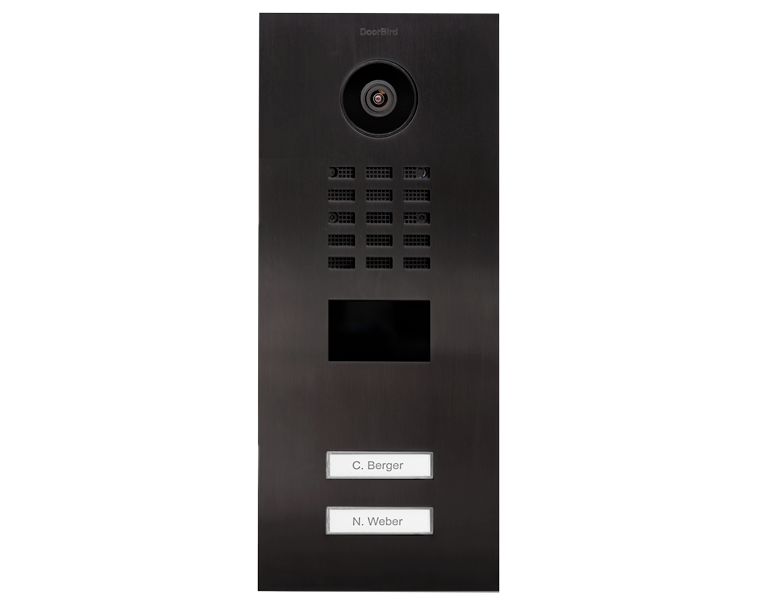 DoorBird dark titanium video door station with camera, speaker grille and two call buttons