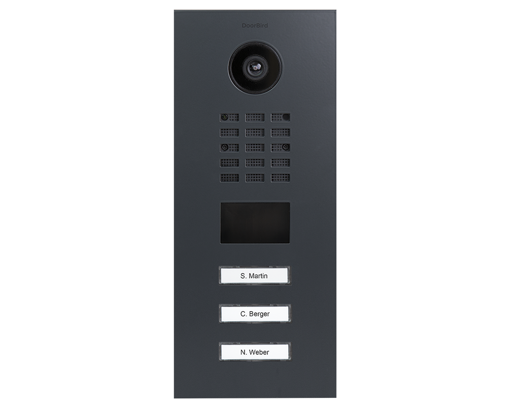Anthracite grey door station with camera, keypad, and name plates S. Martin, C. Berger, N. Weber