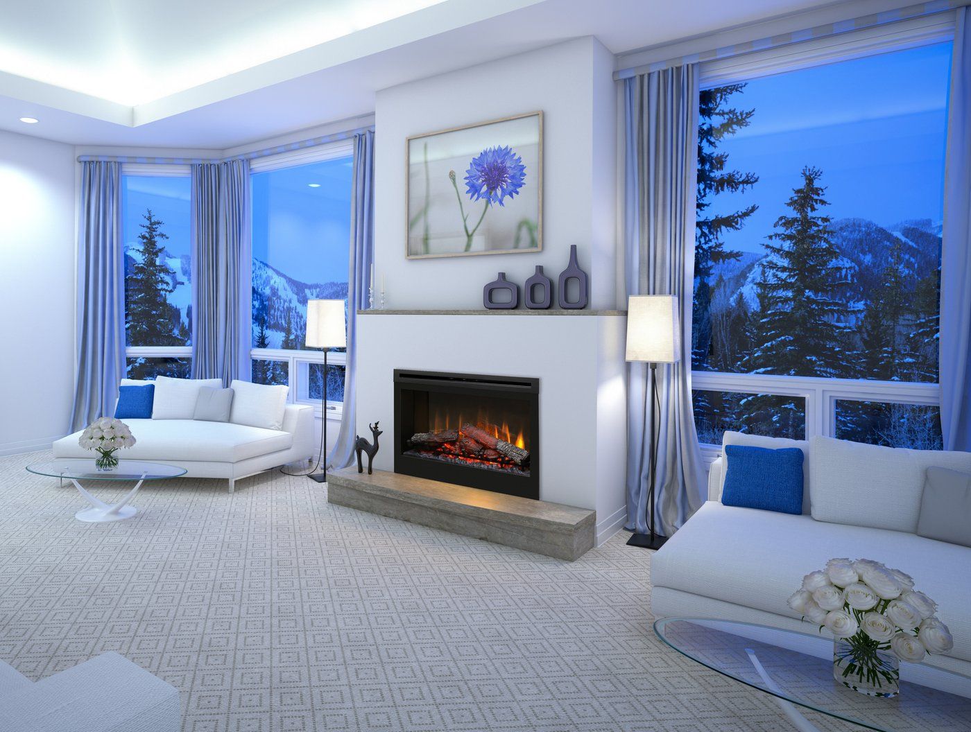 Electric log fireplace insert with glowing logs and orange flame, set in wall surround