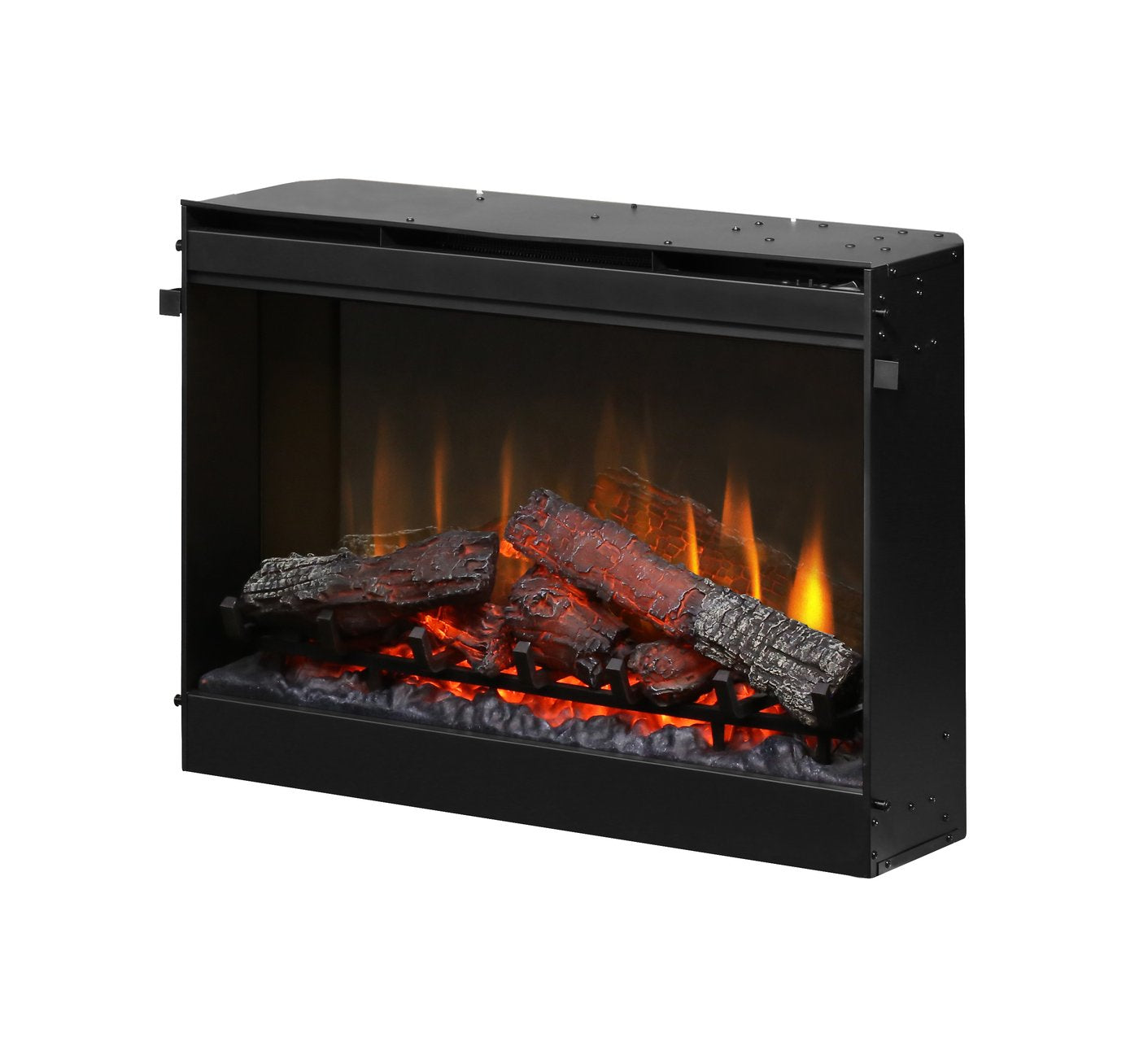 33-inch electric log firebox insert with glowing orange flames and red-brown logs