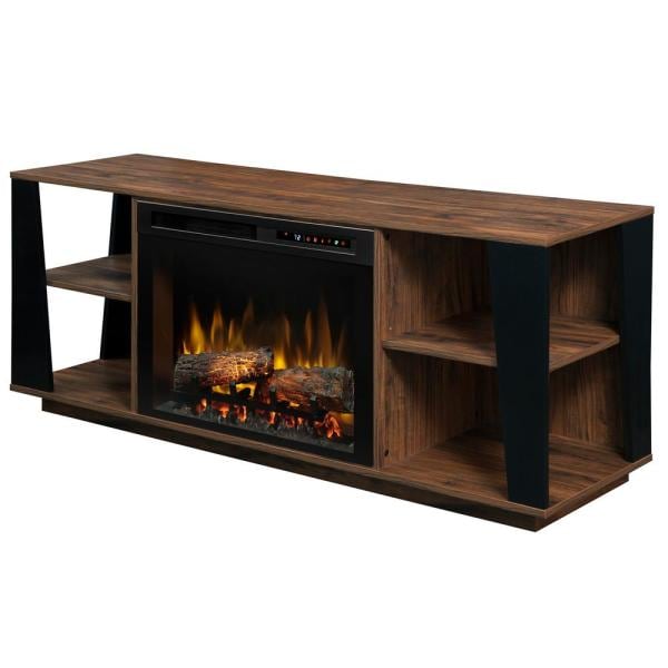 Walnut media console with electric fireplace and side storage compartments